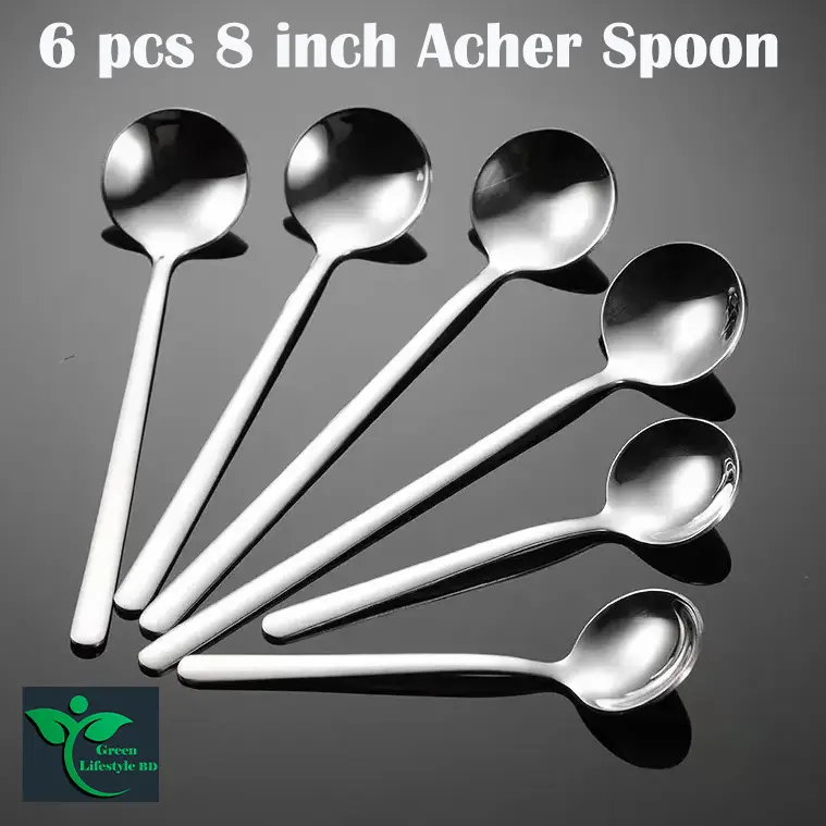 Picture of 6 Pcs Stainless Steel Round Coffee/Acher Stirring Spoon Dessert Mini Round Spoon 8 Inch Long Handle Teaspoon - Silver