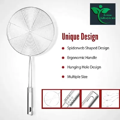 Picture of Stainless Steel Frying strainer/ Large Oil Strainer/ Deep Fry Strainer for Kitchen/ Tel Chakni for Pasta and Frying in Kitchen - Silver