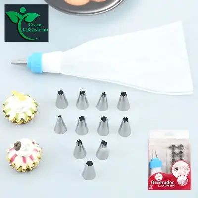 Picture of 15pcs Stainless Steel Cake Nozzles Cake Decoration Tools Piping Bags And Stainless Steel Cake Nozzles Pastry Accessories - Multicolor