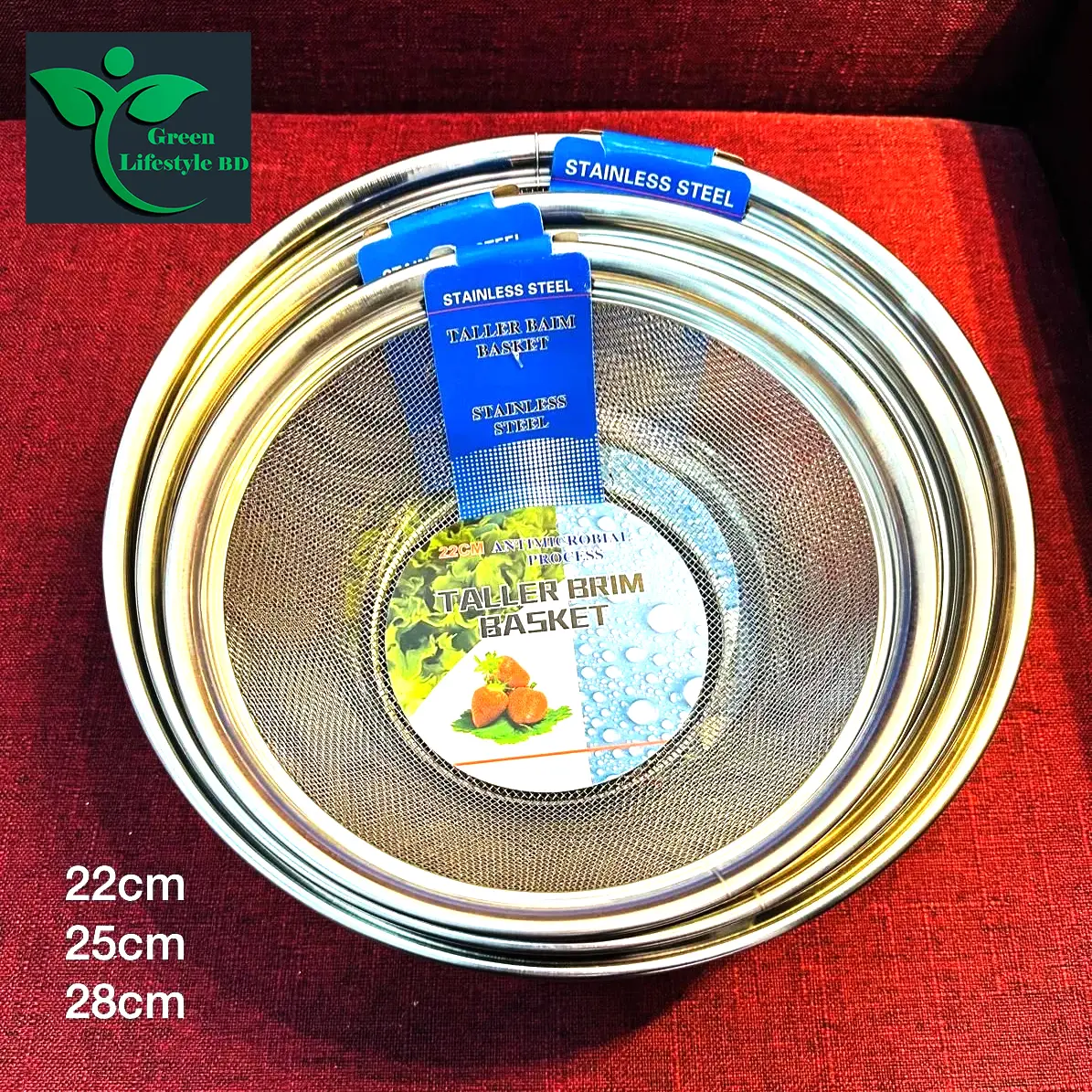 Picture of Stainless steel wire mesh kitchen vegetable and fruit washing strainer taller brim basket-(22 cm/25cm/28cm)