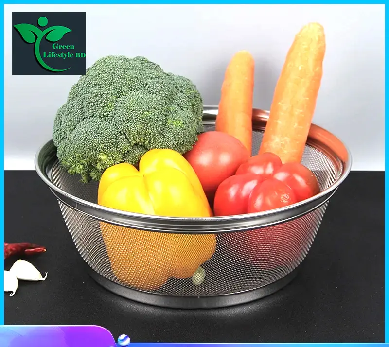 Picture of Stainless steel wire mesh kitchen vegetable and fruit washing strainer taller brim basket-(22 cm/25cm/28cm)