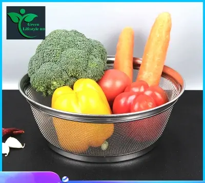Picture of Stainless steel wire mesh kitchen vegetable and fruit washing strainer taller brim basket-(22 cm/25cm/28cm)