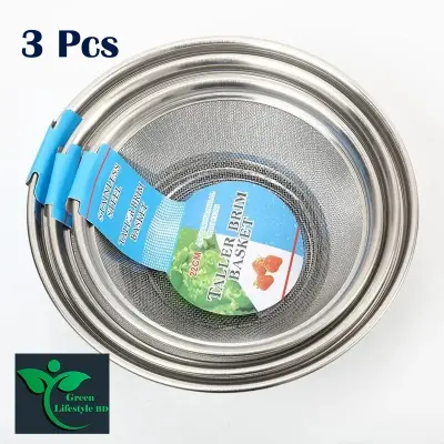 Picture of Stainless Steel Wire Mesh Kitchen Vegetable and Fruit Washing Strainer Drain Basket-(22 cm/25cm/28cm)
