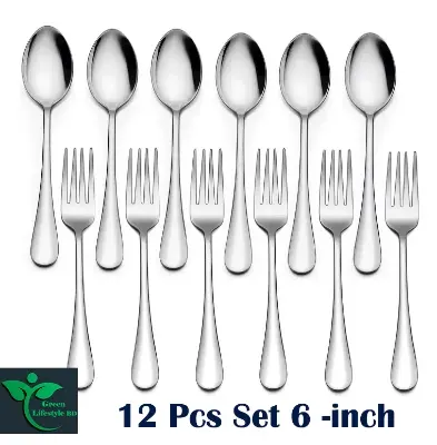Picture of Home Kitchen Restaurant 12 Pcs Forks And Spoons Silverware Set Food Grade Stainless Steel Flatware Cutlery Set Size 6 Inch - Silver 12 Pcs Set