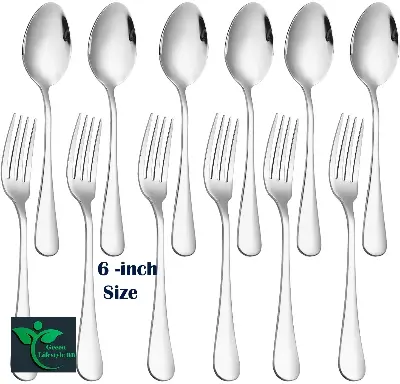 Picture of 12 Pieces Forks and Spoons Metal Teaspoons Coffee Spoon Set Stainless Steel Flatware Wedding Cutlery Silverware Set Size 6 Inch - Silver 12 Pcs Set