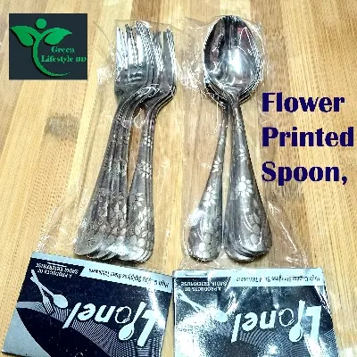 Picture of 12 Piece Flower Print Handle Stainless Steel Flatware Cutlery Set For Home Kitchen Restaurant Hotel, Kitchen Utensils Set, Mirror Polished, Dishwasher Safe - Silver 12 Pcs Set
