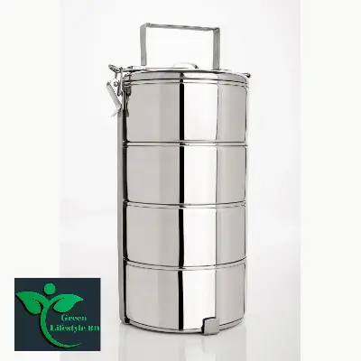 Picture of Tiffin Stainless Steel 3/4 Tier Lunch Box Multi Layer Stackable Round Containers Tiffin Hot Food Carrier Tins Lunch Storage Portable for Kids Adults Work Office School Picnic