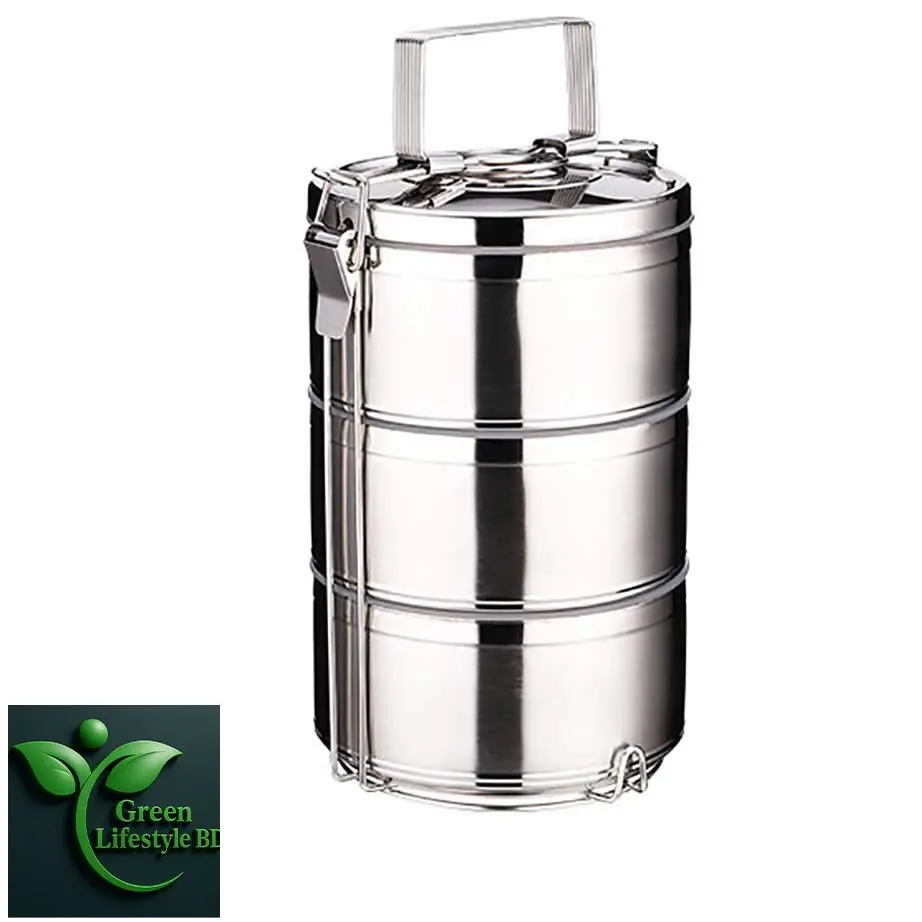 Picture of Tiffin Stainless Steel 3/4 Tier Lunch Box Multi Layer Stackable Round Containers Tiffin Hot Food Carrier Tins Lunch Storage Portable for Kids Adults Work Office School Picnic