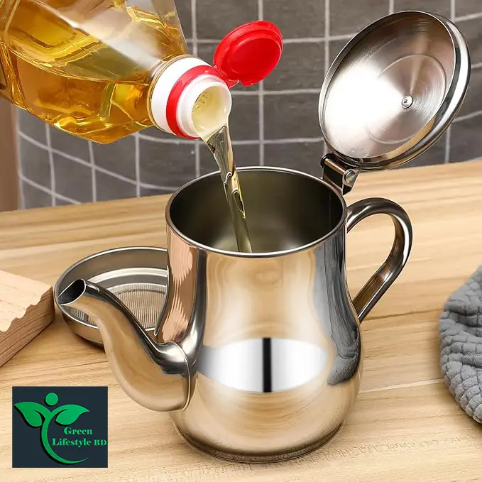 Picture of Kitchen Strainer Stainless Steel Oil  Pot with Oil Strainer Container with Strainer Dispenser Oiler Strainer Container Can with Fine Mesh Strainer for Kitchen Cooking