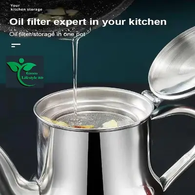 Picture of Kitchen Strainer Stainless Steel Oil  Pot with Oil Strainer Container with Strainer Dispenser Oiler Strainer Container Can with Fine Mesh Strainer for Kitchen Cooking