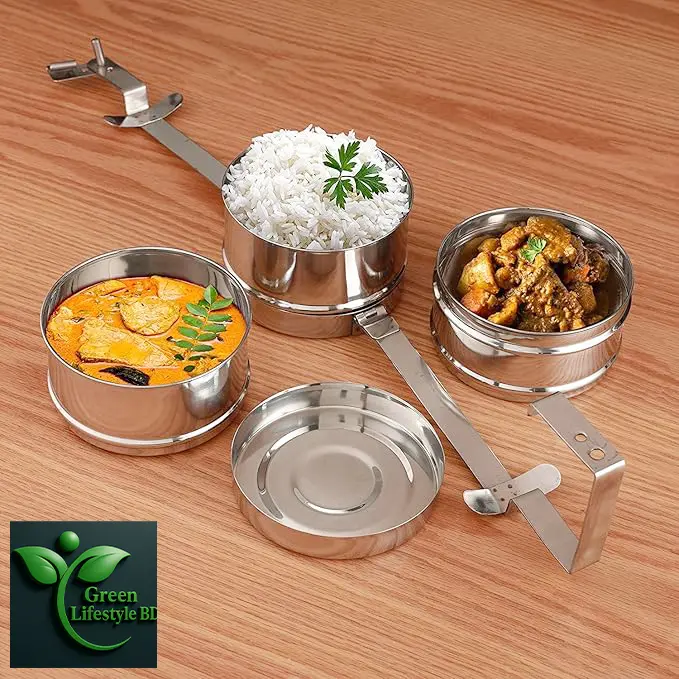 Picture of Indian Tiffin Box Stainless Steel 3Tier Lunch Box Multi Layer Stackable Round Containers Tiffin Hot Food Carrier Tins Lunch Storage Portable for Kids Adults Work Office School Picnic - Grey