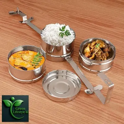Picture of Indian Tiffin Box Stainless Steel 3Tier Lunch Box Multi Layer Stackable Round Containers Tiffin Hot Food Carrier Tins Lunch Storage Portable for Kids Adults Work Office School Picnic - Grey