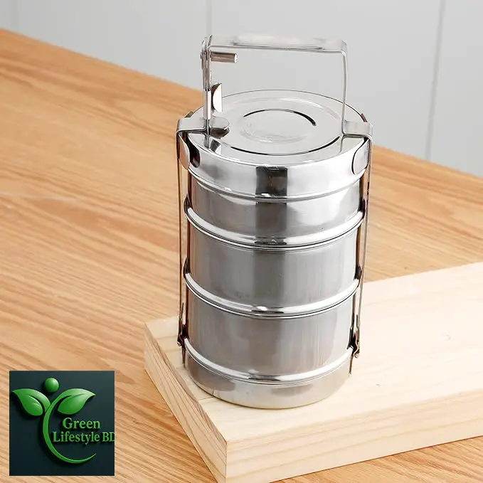 Picture of Indian Tiffin Box Stainless Steel 3Tier Lunch Box Multi Layer Stackable Round Containers Tiffin Hot Food Carrier Tins Lunch Storage Portable for Kids Adults Work Office School Picnic - Grey