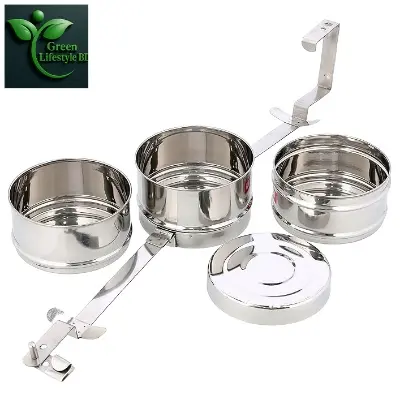 Picture of Indian Tiffin Box Stainless Steel 3Tier Lunch Box Multi Layer Stackable Round Containers Tiffin Hot Food Carrier Tins Lunch Storage Portable for Kids Adults Work Office School Picnic - Grey