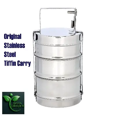 Picture of Indian Tiffin Box Stainless Steel 3Tier Lunch Box Multi Layer Stackable Round Containers Tiffin Hot Food Carrier Tins Lunch Storage Portable for Kids Adults Work Office School Picnic - Grey