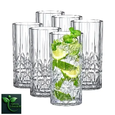 Picture of Crystal Clear Drinking Glass Set of 6 – Clear Tall Water & Juice Glasses | Elegant Glassware for Whiskey, Cocktails & Kitchen Use – Perfect Gift - Clear 6 pcs