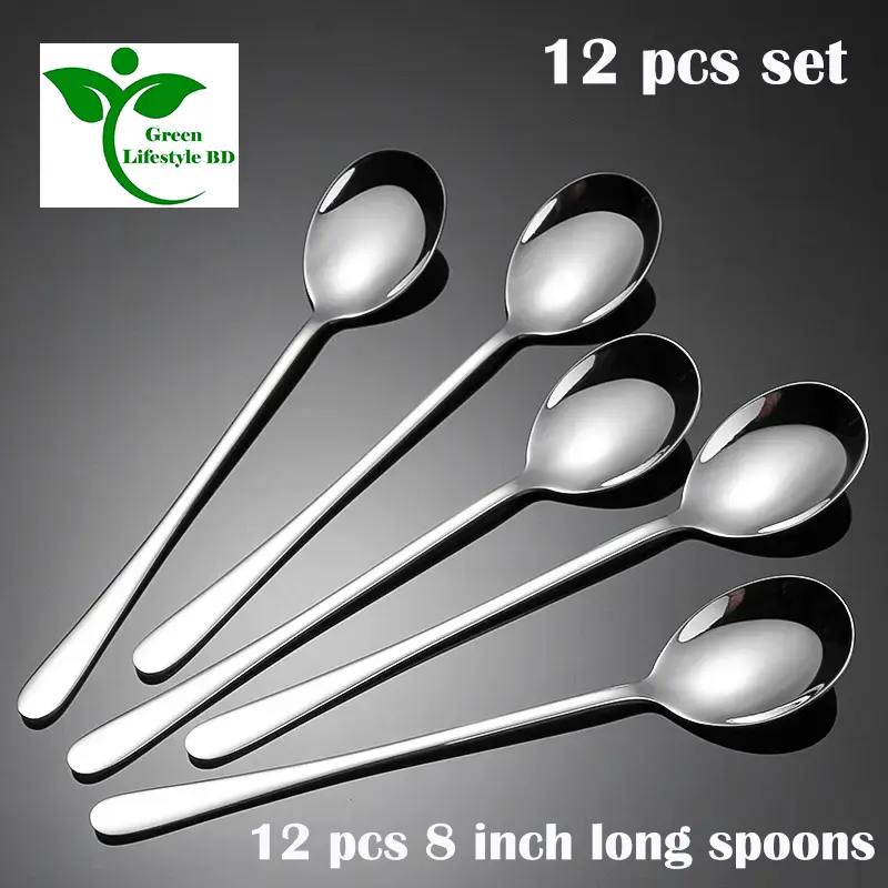Picture of 12 pcs 8-inch Round Head Long Handle Spoons Stainless Steel Coffee Spoons Tea Spoon Ideal for Latte Coffee, Espresso, Hot Chocolate, Hot Drinks - Silver