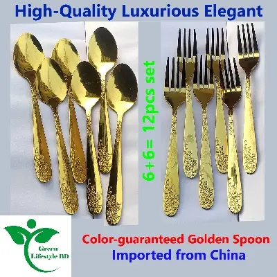 Picture of High-quality Luxury Design Golden Color 12 Piece Set Tea and Cutlery Spoon Size 6 Inch Import From China For Kitchen And Dining Use. - Gold