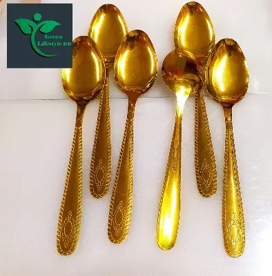 Picture of Big Size Golden Color Spoon 8 Inch Long 6 Piece Set Multi design Print For Home & Office - Gold