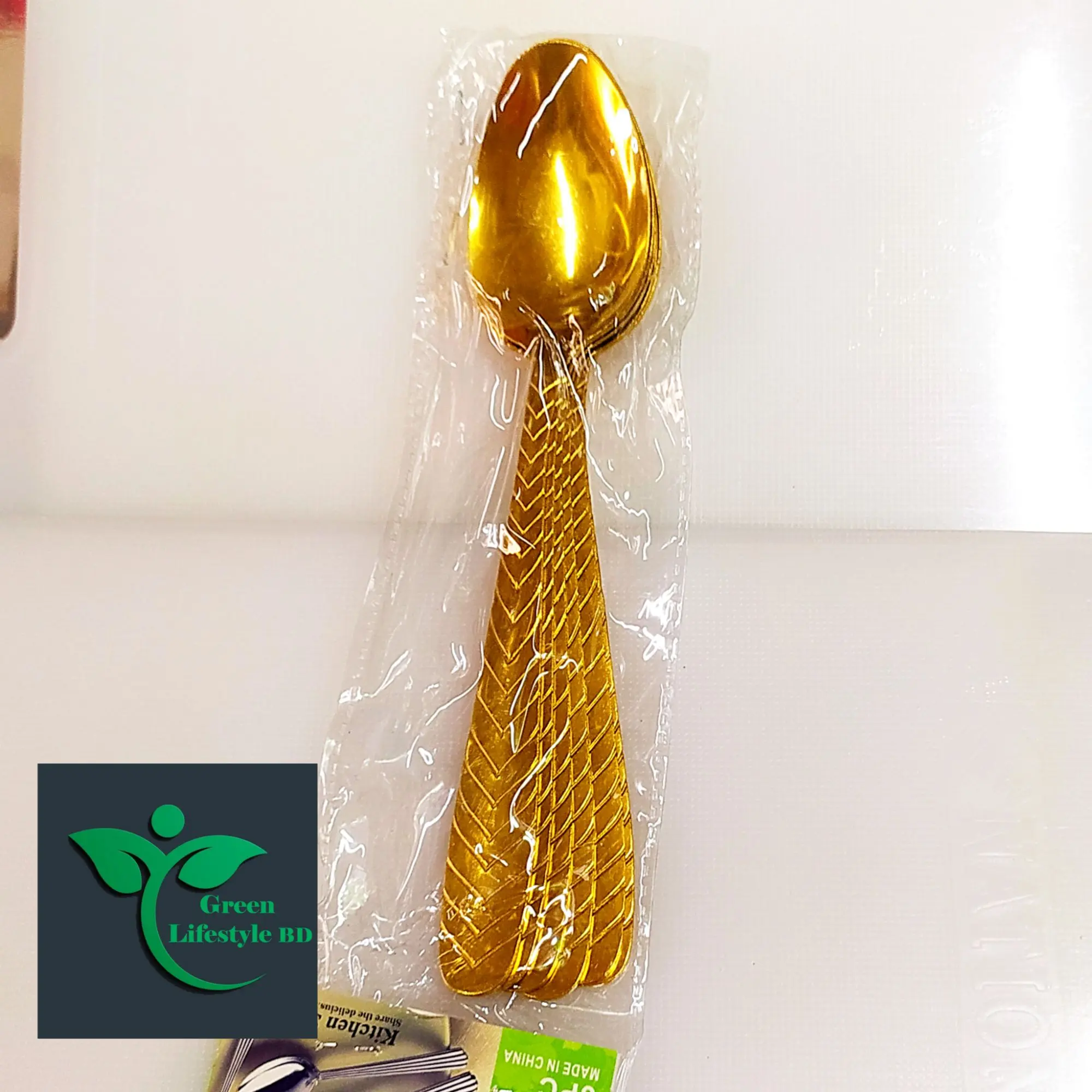 Picture of Big Size Golden Color Spoon 8 Inch Long 6 Piece Set Multi design Print For Home & Office - Gold