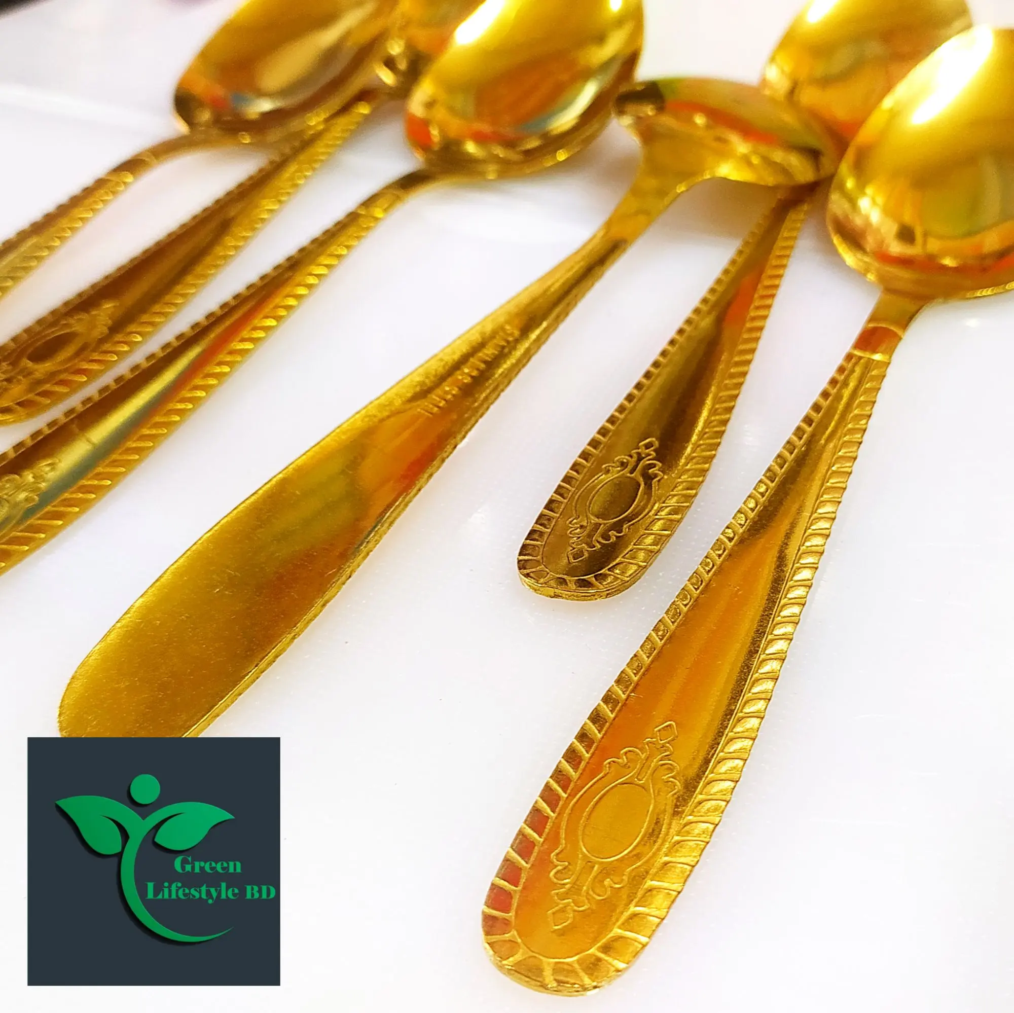Picture of Big Size Golden Color Spoon 8 Inch Long 6 Piece Set Multi design Print For Home & Office - Gold