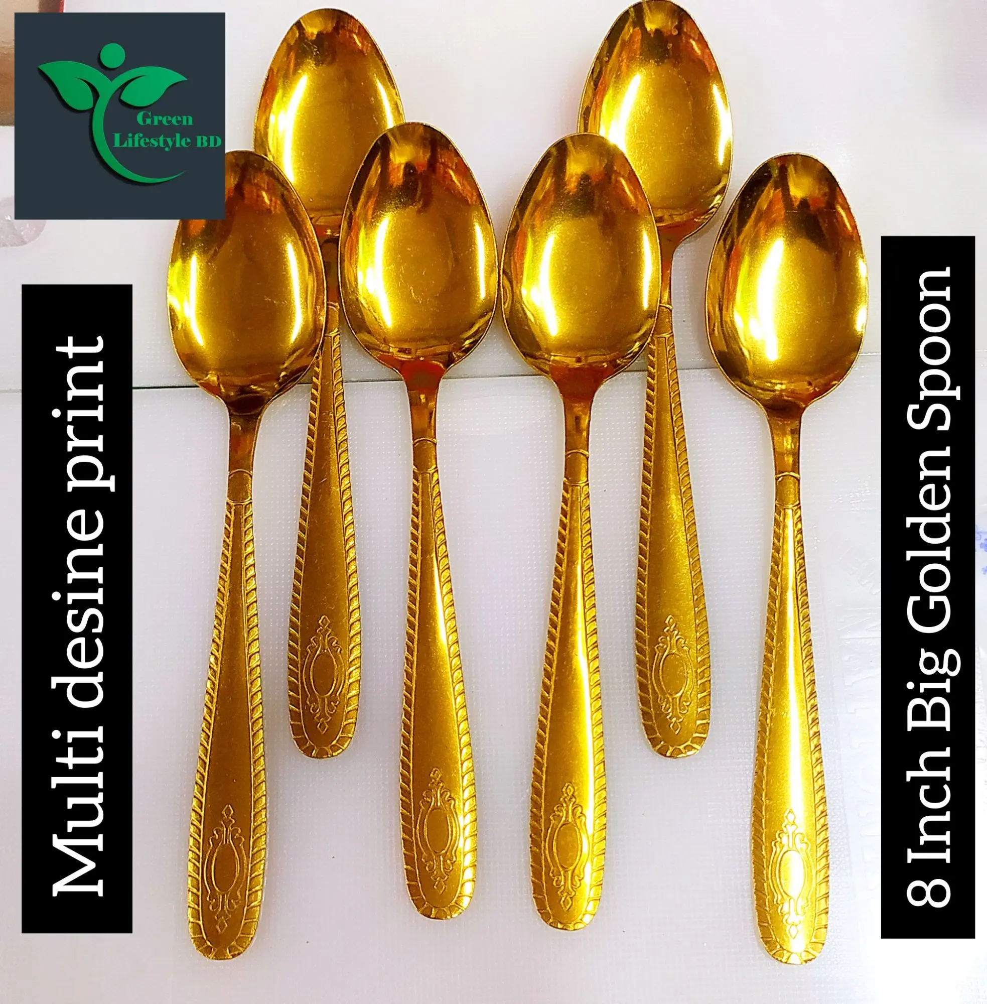 Picture of Big Size Golden Color Spoon 8 Inch Long 6 Piece Set Multi design Print For Home & Office - Gold