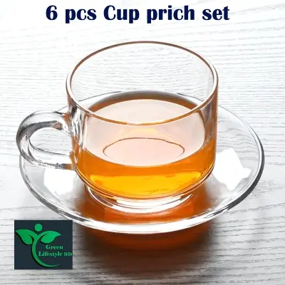 Picture of Crystal Clear Glass Tea Cup Set with Cup pirich Set (6 Cup +6 pirich) For Kitchen and Dining - Clear 6pcs set
