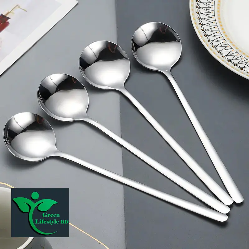 Picture of 6 Pcs Stainless Steel Round Coffee Stirring Spoon Dessert Mini Round Spoon 8 Inch Long Handle Teaspoon - Silver
