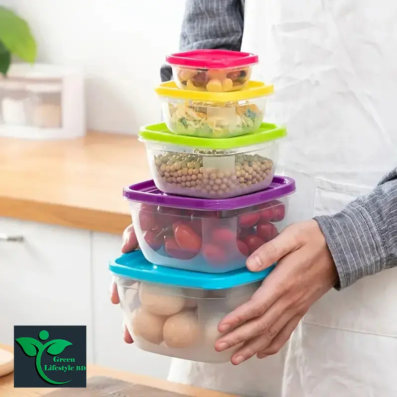 Picture of 5pcs Microwave Food Containers Plastic Refrigerator Crisper Rectangular Foods Container Kitchen Lunch Sealed Outdoor Storage Box - Multicolor