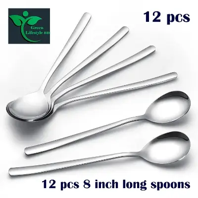 Picture of Stainless Steel 12 pcs Tea Stirring Scoops Ice Cream Coffee Spoon size 8-inch Portable Convenient Long Handle Kitchen Spoon - Silver