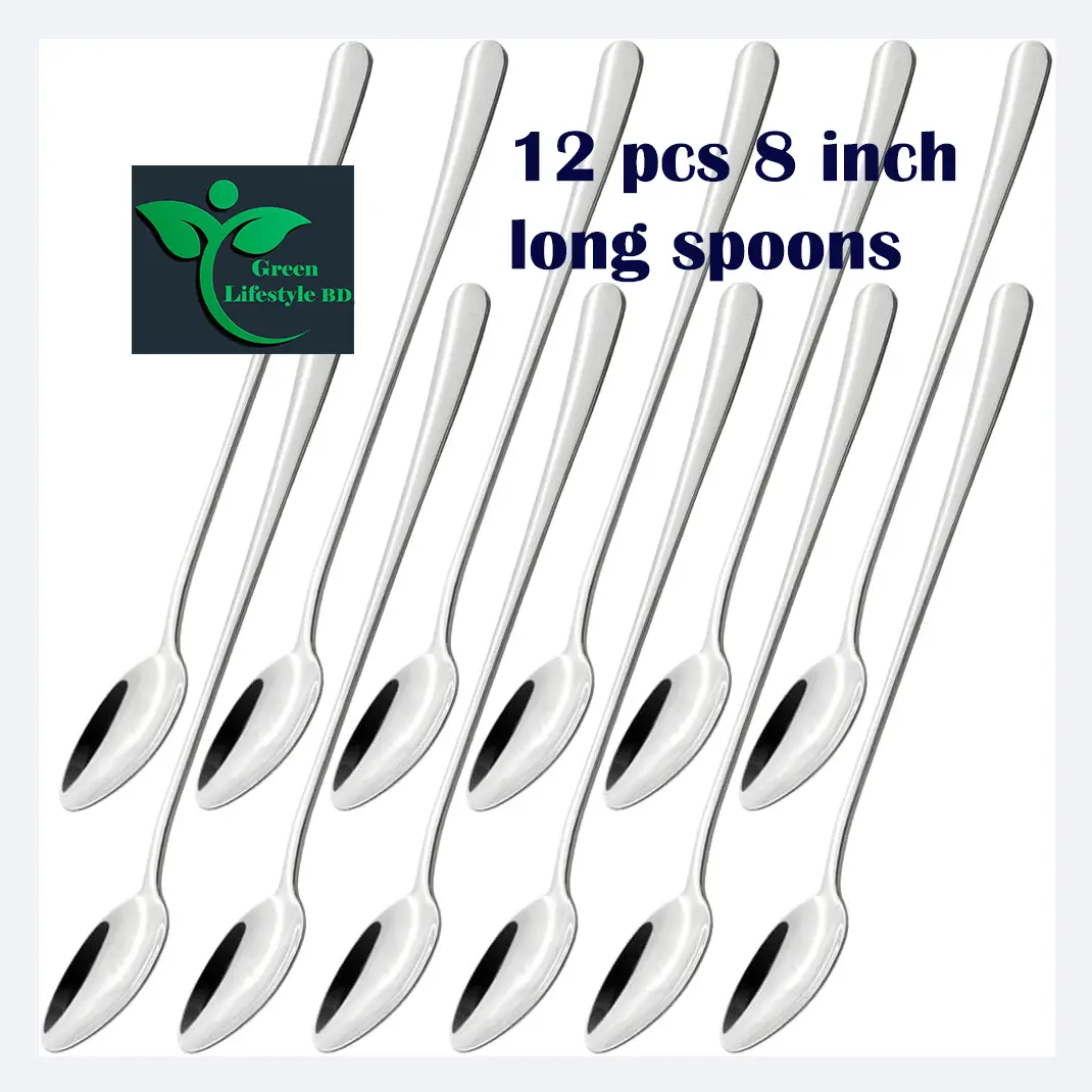 Picture of Stainless Steel 12 pcs Tea Stirring Scoops Ice Cream Coffee Spoon size 8-inch Portable Convenient Long Handle Kitchen Spoon - Silver
