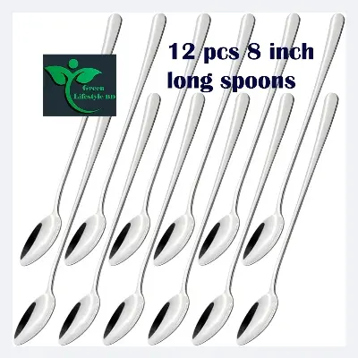 Picture of Stainless Steel 12 pcs Tea Stirring Scoops Ice Cream Coffee Spoon size 8-inch Portable Convenient Long Handle Kitchen Spoon - Silver