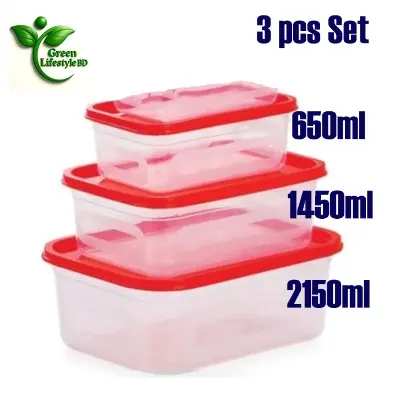 Picture of Super Plastic Storage Container 3-Piece Set, Transparent Clear, Ideal for Storing Food in the Fridge and Freezer - Red 3 pcs Set