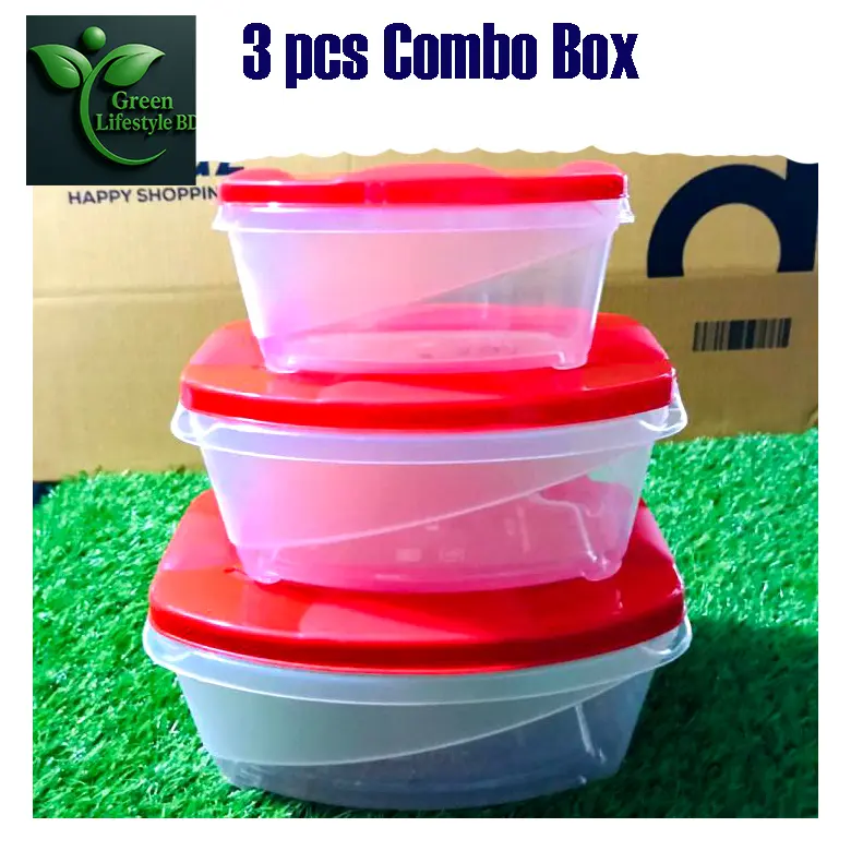 Picture of Super Plastic Storage Container 3-Piece Set, Transparent Clear, Ideal for Storing Food in the Fridge and Freezer - Red 3 pcs Set