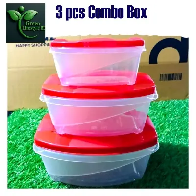 Picture of Super Plastic Storage Container 3-Piece Set, Transparent Clear, Ideal for Storing Food in the Fridge and Freezer - Red 3 pcs Set
