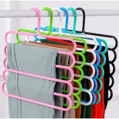 Picture of ShoppoStreet 5 Layer Multipurpose Multi Layer Hanger for Shirts, Wardrobe, Ties, Pants Space Saving Hanger, Cupboard Organizer, Plastic Hangers (Multi Color) - 2 psc - Multicolor