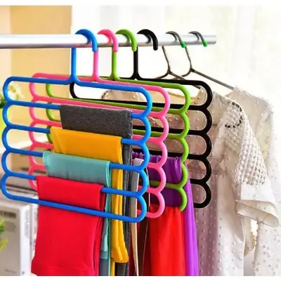 Picture of ShoppoStreet 5 Layer Multipurpose Multi Layer Hanger for Shirts, Wardrobe, Ties, Pants Space Saving Hanger, Cupboard Organizer, Plastic Hangers (Multi Color) - 2 psc - Multicolor