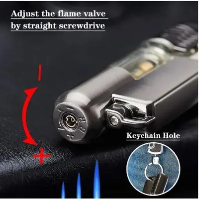 Picture of Butane Lighter, Mini Torch Lighter with Key Ring, Adjustable Jet Flame Windproof Gas Lighter for Grill BBQ Candle Camping Fireplace, Black and Grey - Without Butane Gas