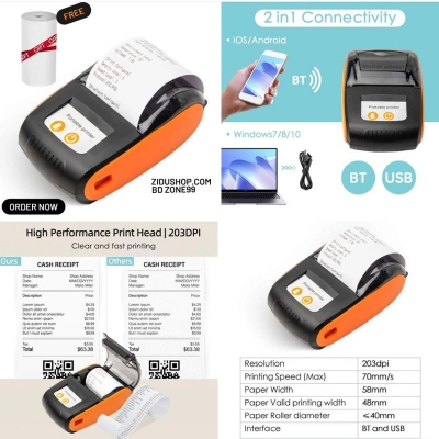 Picture of Portable Receipt Printer 58mm Mini Thermal Printing Wireless BT USB Mobile Printer with 2 Inch Thermal Paper Roll Compatible with Android/iOS/Windows System for Small Business Restaurant Retail Store