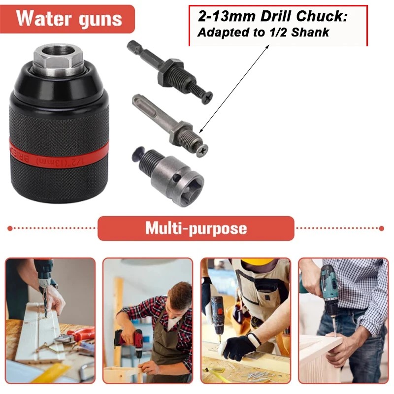 Picture of New 13mm Threaded Keyless Full Metal Drill Chuck can be used with Hex Shank/SDS/Square Quick Grip Adapter, Chuck for Drill Bit Screwdriver Tap & Socket (Only Drill Chuck) (Black and Red)
