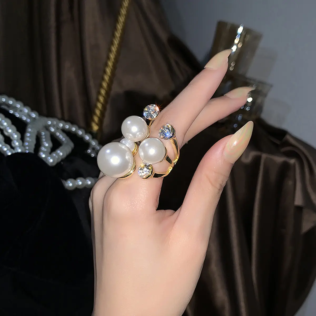 Picture of Tiktok Trendy Pearl Finger Ring Silver