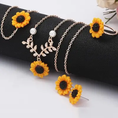 Picture of Sunflower Pendant Necklace Set 5 pieces Pendant Necklace Earrings Bracelet Ring Yellow