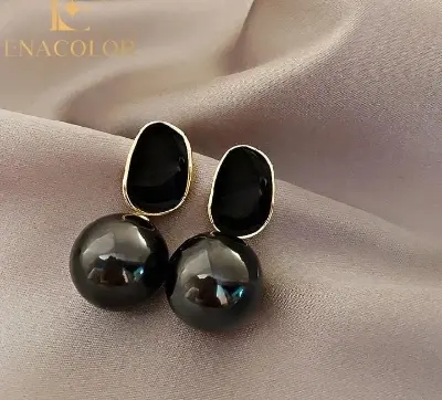 Picture of Ball Pearl Enamel Earrings Girls & Women Black