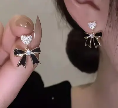 Picture of Black Bow White Stone Ear Ring for Women girls Black