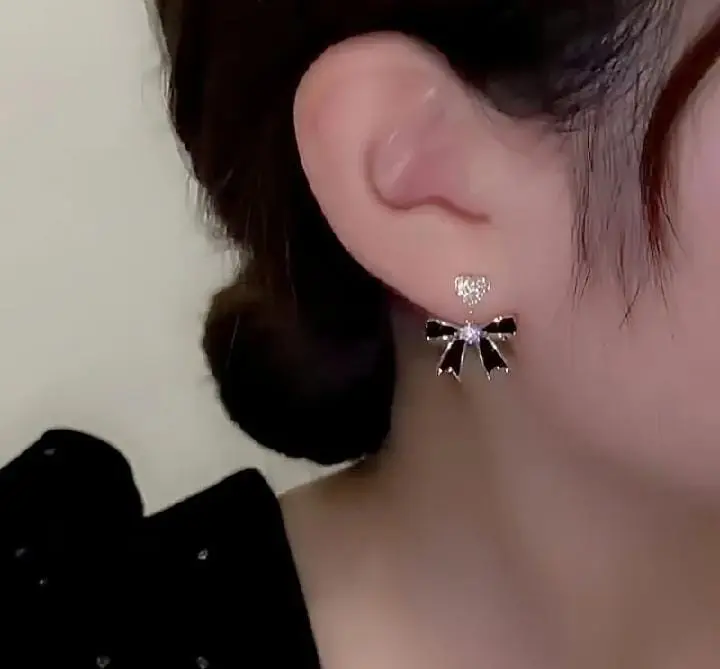 Picture of Black Bow White Stone Ear Ring for Women girls Black