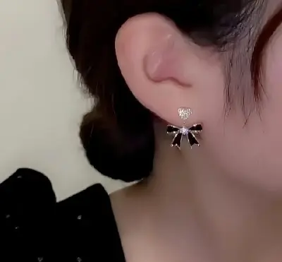 Picture of Black Bow White Stone Ear Ring for Women girls Black