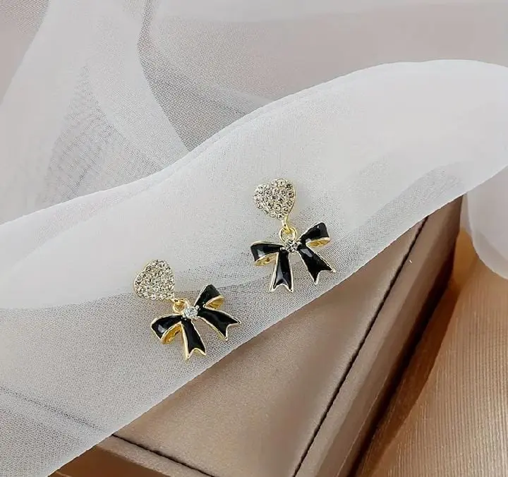 Picture of Black Bow White Stone Ear Ring for Women girls Black