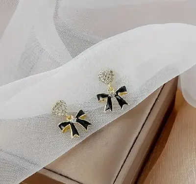 Picture of Black Bow White Stone Ear Ring for Women girls Black