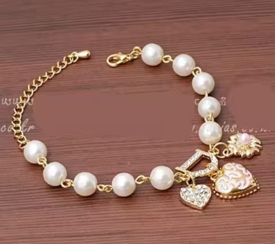 Picture of D letter heart shape pearl bracelet for women Gold