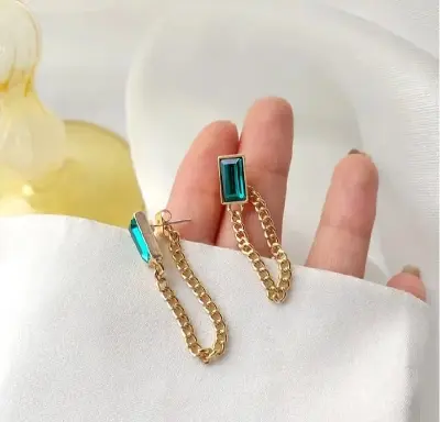 Picture of Green Crystal Square for Metal Chain Tassel Earings Gold